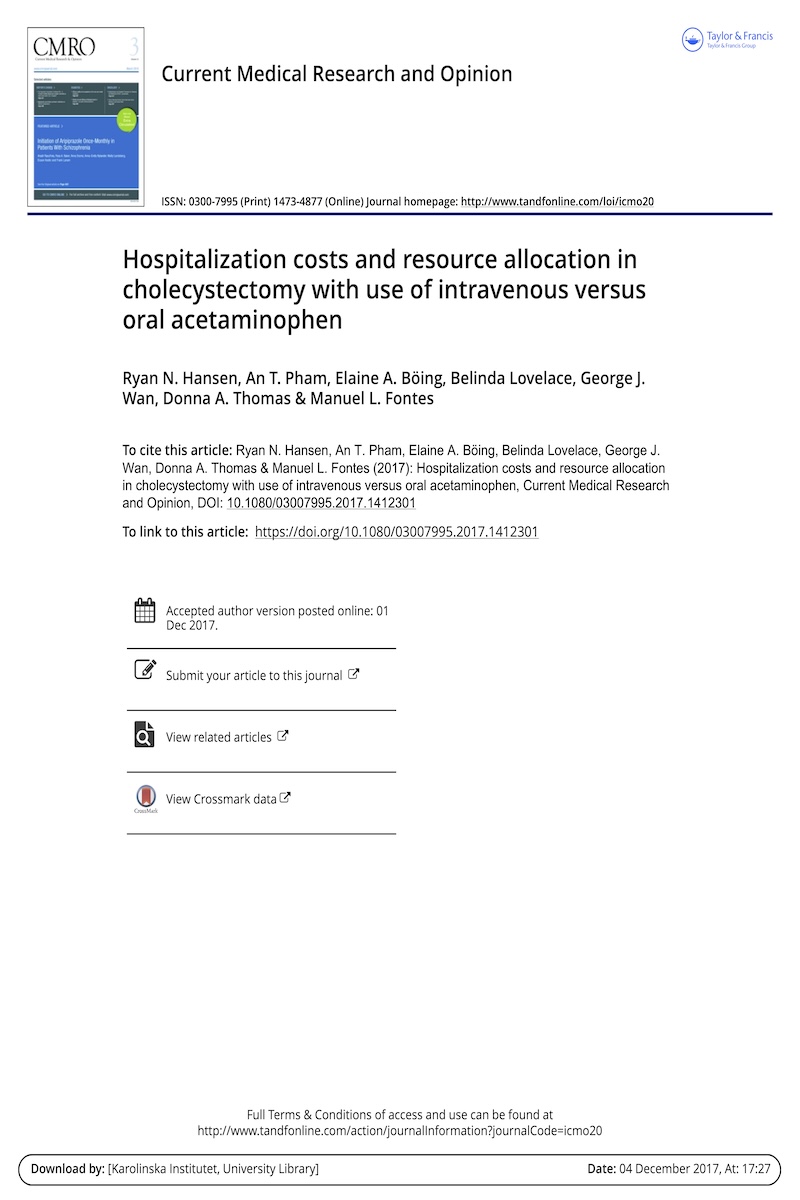 Hospitalization Costs and Resource Allocation in Cholecystectomy with Use of Intravenous Versus Oral Acetaminophen 封面