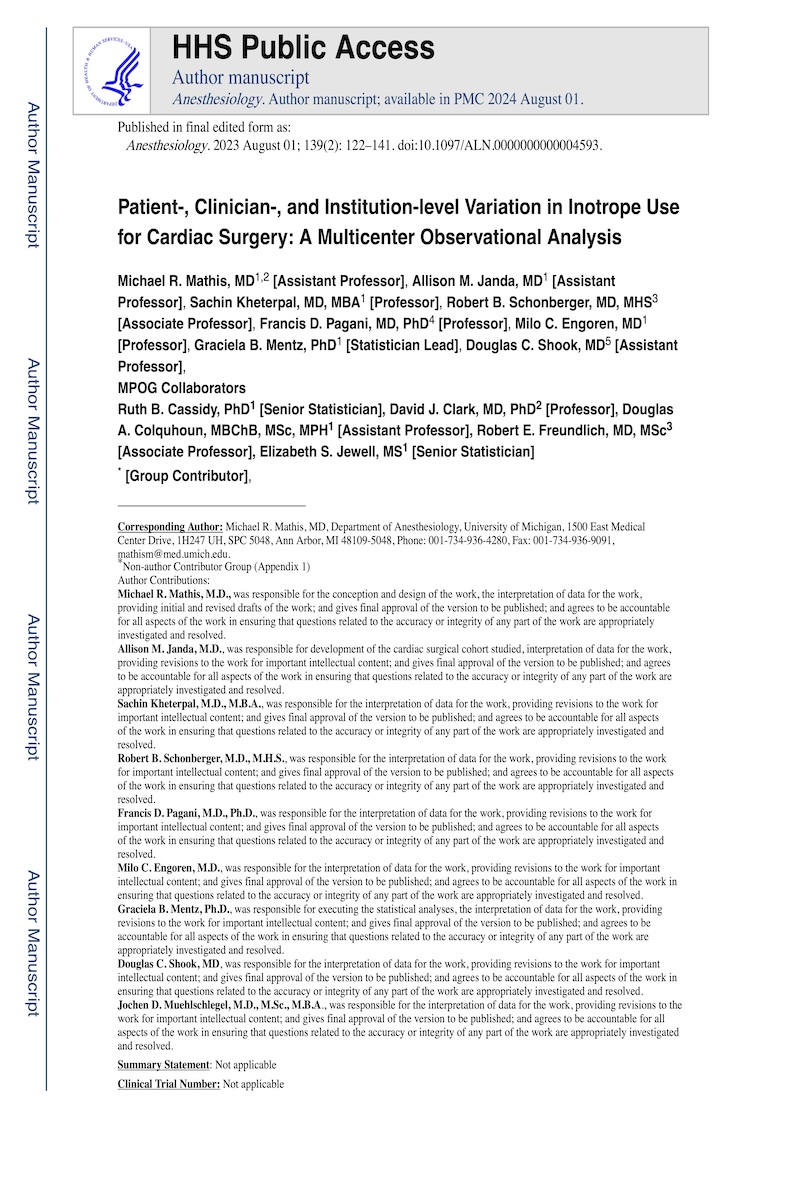 Patient-, Clinician-, and Institution-level Variation in Inotrope Use for Cardiac Surgery: A Multicenter Observational Analysis 封面
